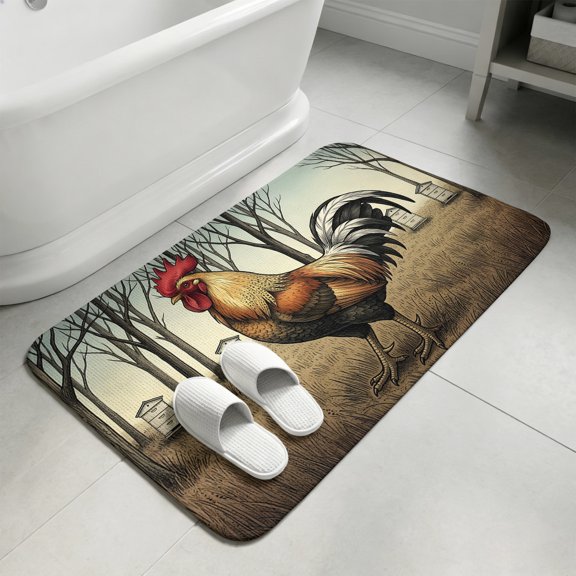 Rustic Chicken Bathroom Rugs Non Slip Washable Bath Mat Absorbent Front Door Mat Farmhouse Rooster Country Trees Rural Indoor Doormat for Kitchen Entryway Shower Decor Accessories 15.7"x23.6"