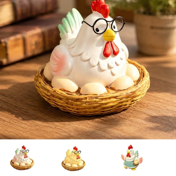 Rustic Chicken Figurine Set, Hen Sitting on Eggs Eyeglass Holder Statue, Decorative Farm Animal Ornament for Outdoor Yard, Indoor Tabletop & Home Gift