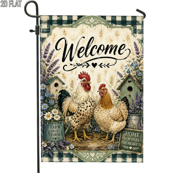 Rustic Chicken Floral Farmhouse Welcome Garden Flag, 1pc, 12 x 18 Inch, flagpole not included, Waterproof Fade Resistant, Seasonal Home Yard Outdoor Decoration for Porch Garden Lawn