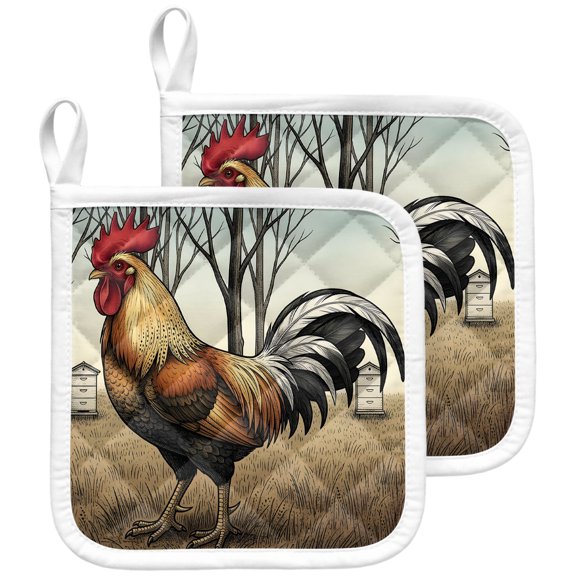 Rustic Chicken Pot Holders for Kitchen Heatproof Potholder, 2 Pack Farmhouse Rooster Country Trees Rural Hot Pads Multipurpose Oven Pads Terry Cloth Potholders Trivet for Cooking and Baking