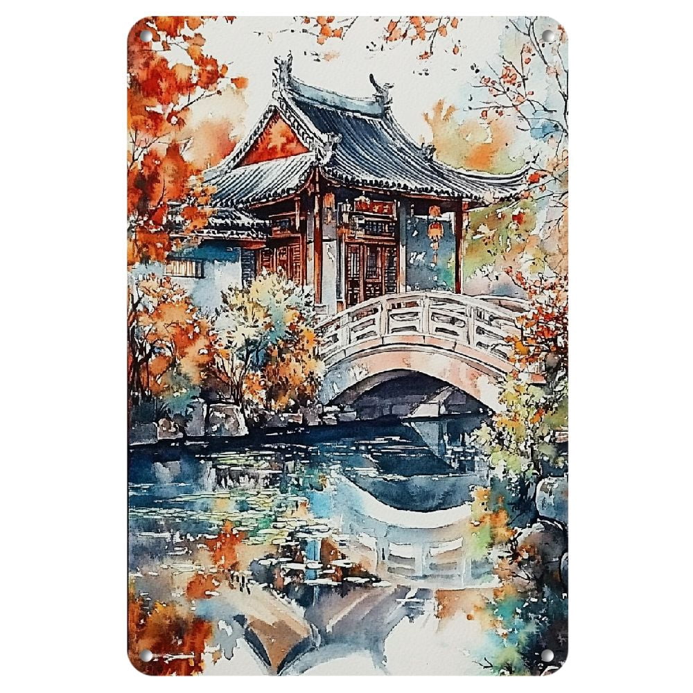 Rustic Chinese Scene Rustic Chinese Garden Scene Metal Wall Art, 8x12