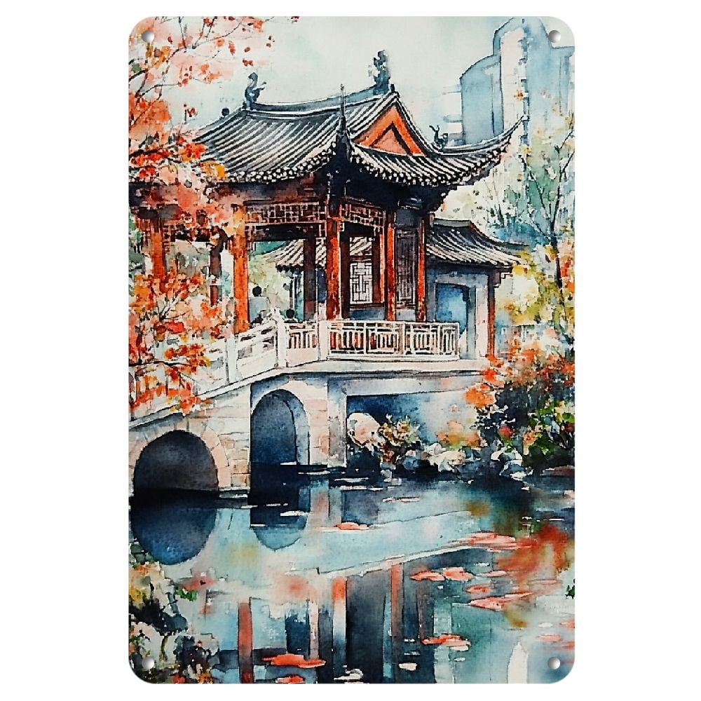 Rustic Chinese Scene Rustic Chinese Garden Scene Metal Wall Art, 8x12