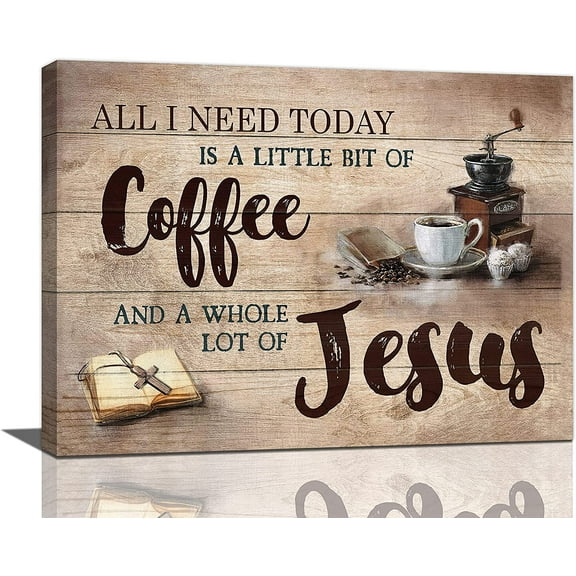 Rustic Christian Coffee Wall Art: 16x12 Framed Canvas Prints of Jesus Coffee Cross Wall Decor - Brown Motivational Kitchen Artwork, Perfect for Modern Home, Living Room, Restaurant, & Cafe Decoration