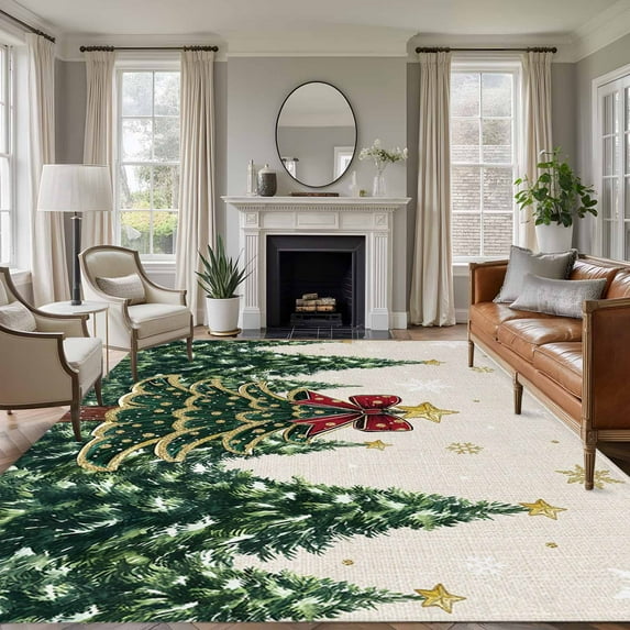 Rustic Christmas Area Rugs 5'x7', Washable Small Throw Rugs for Laundry Room Playroom, Snowflake Xmas Christmas Tree Indoor Outdoor Rug Non-Slip Low Pile Carpet Runner Reversible Floor Mats