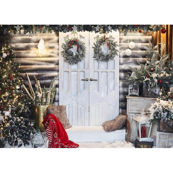 Rustic Christmas Barn Wood Door Backdrop Xmas Tree Photography Background Decor