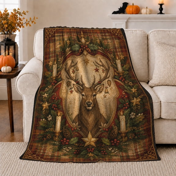 Rustic Christmas Deer Antlers Garland, Festive Holiday Scene, Warm Flannel Blanket for Cabin and Lodge with Detailed Artwork, Art Lovers Christmas Gift, Festive Home Decor