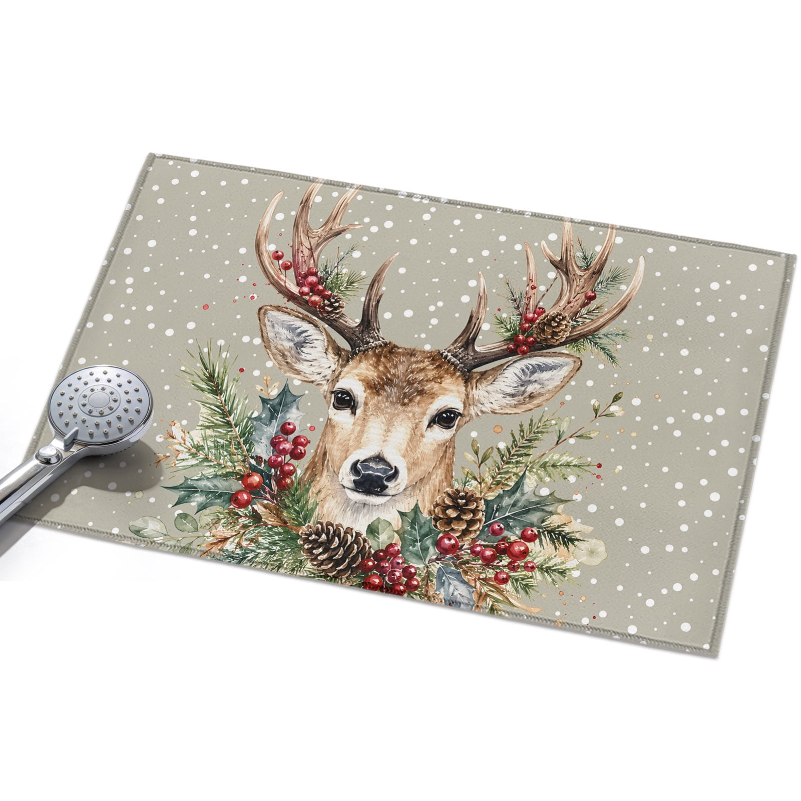 Rustic Christmas Deer Head Area Rug 2'x3', Winter Holly Berry Pine‑Cone ...