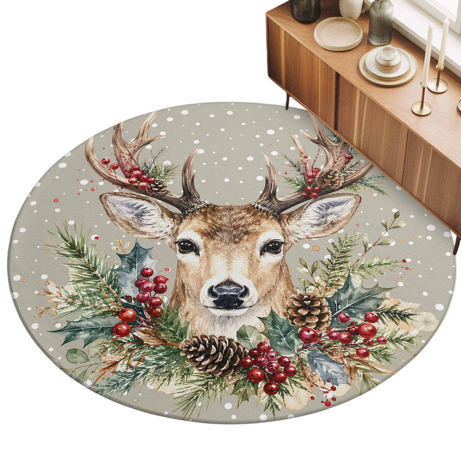 Rustic Christmas Deer Head Area Rug 3.3', Winter Holly Berry Pine‑Cone ...