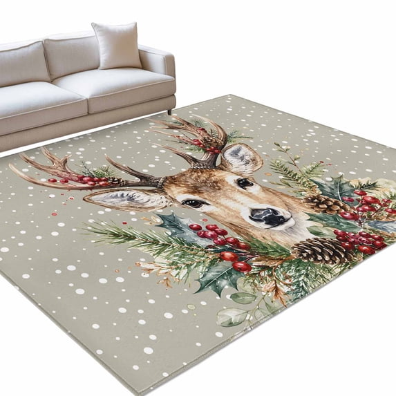 Rustic Christmas Deer Head Area Rug 9'x12', Winter Holly Berry Pine ...