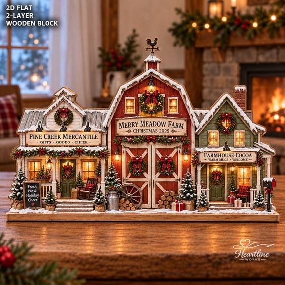 Rustic Christmas Farmhouse 2-Layer Wooden Block Village Tabletop Decor