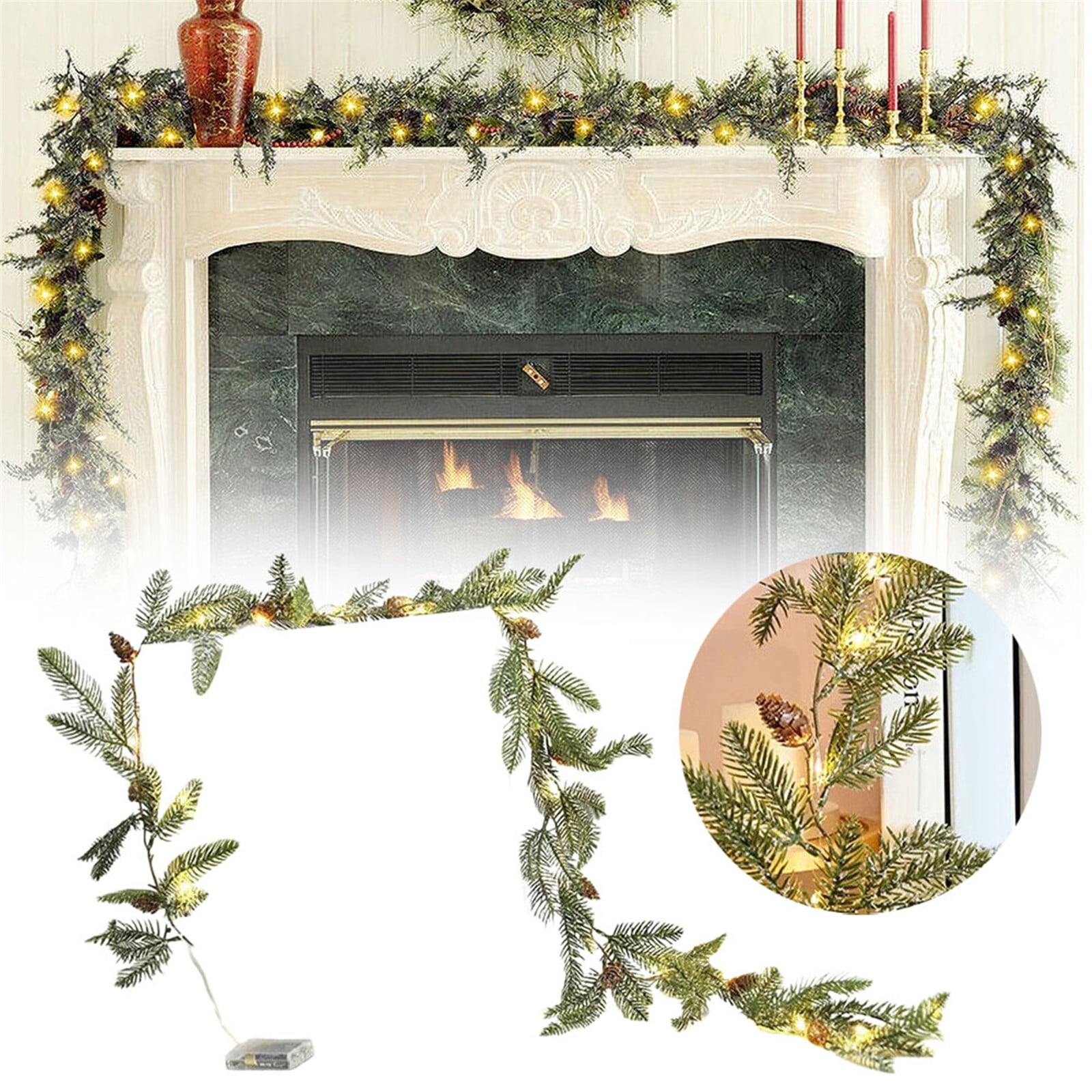 Rustic Christmas Garland with Lights Pre Lit Outdoor Needles Fireplace ...