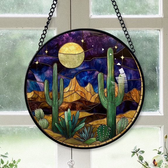 Rustic Christmas Gift - Black White Golden Cactus Natures Starry Sky Stained Glass Hanging Ornament - Coastal Christmas Tree Decor, Holiday Gift for Family & Friends, Keepsake 2025