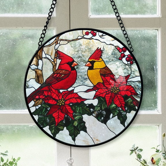 Rustic Christmas Gift - Love Bird Cardinal Bird Christmas Stained Glass Hanging Ornament - Classic Holiday Tree Decoration, Gift for Friends, Family, Mom, Dad