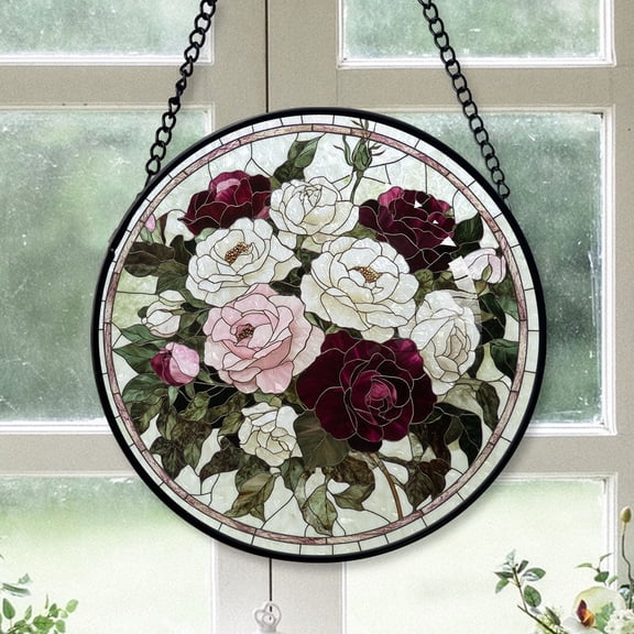 Luxury Christmas Gift - Romantic Victorian Rose Christmas Stained Glass Hanging Ornament - Bright Xmas Tree Decoration, Perfect Holiday Gift for Family & Friends