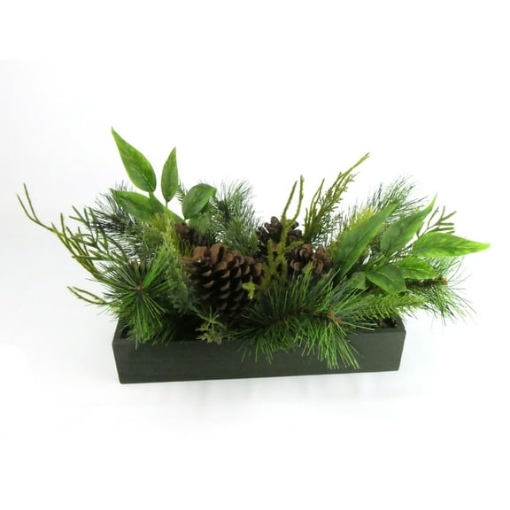 Rustic Christmas Pine Branches and Pine Cone Arrangement in Wooden Box - Holiday Table Dcor Tabletop Mantel Centerpiece