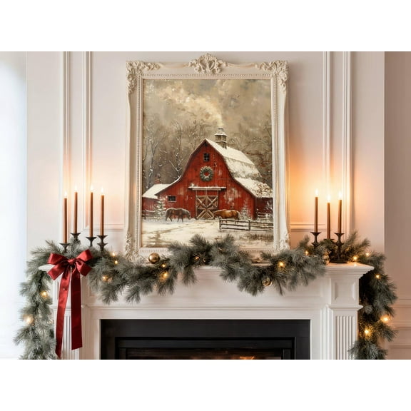 Rustic Christmas Red Barn Print, Cozy Snowy Winter Farmhouse Printable Wall Art, Country Christmas Décor, Rural Wall Print, 24x36 UNFRAMED