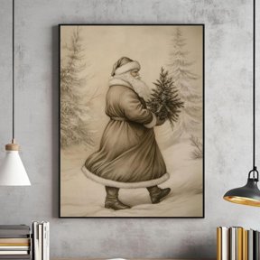 Rustic Christmas Santa Print Christmas Decor Neutral Santa Holding Tree Drawing Winter Forest Holiday