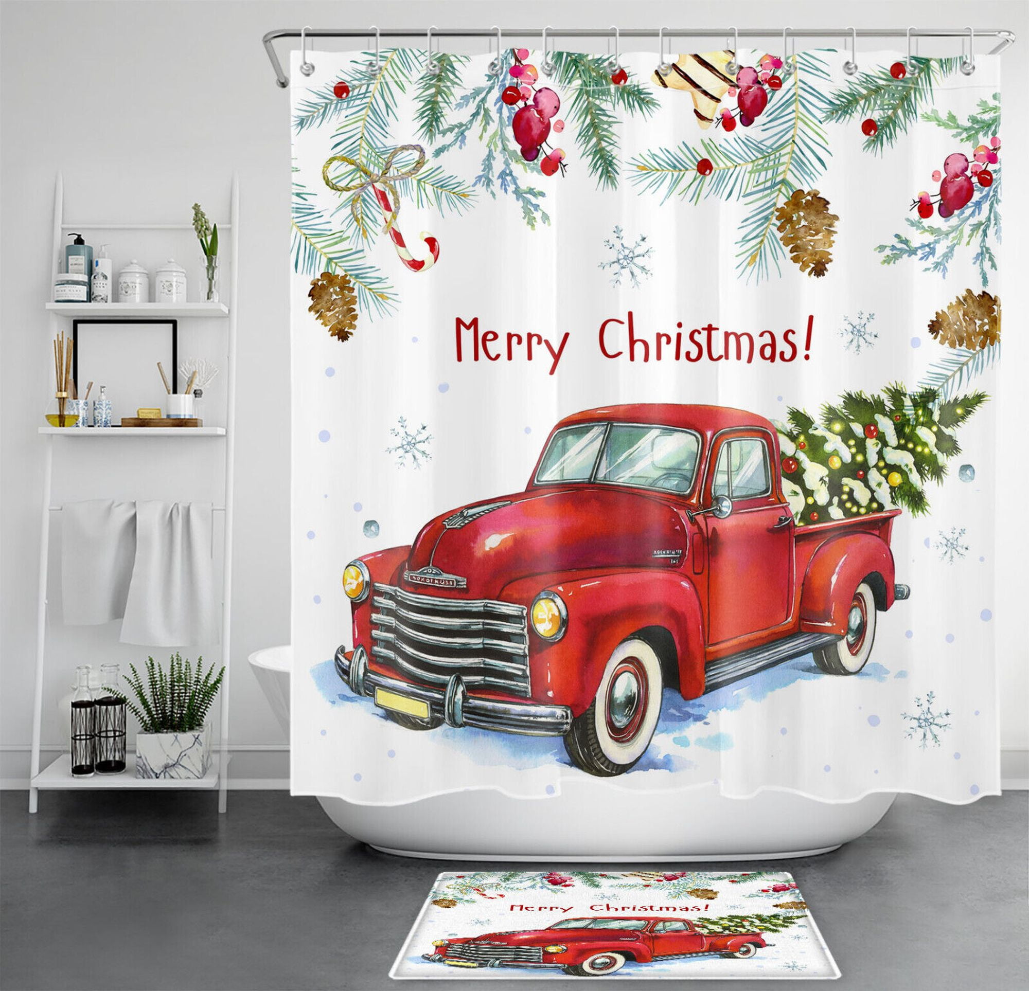 Rustic Christmas Shower Set: Retro Red Truck & Tree in Winter Scene for ...