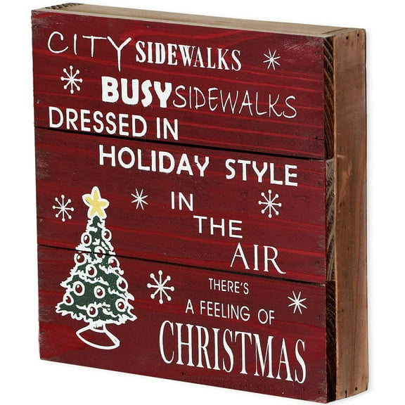 Rustic Christmas Sign Decor Wood Plaque Hanging Wall Art Sign, 8" x 8" Primitive Christmas Box Sign Hanging Decoration Wooden Wall Decor Sign City Sidewalks Home Decor Accent (Xmas Sign B)