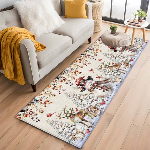Rustic Christmas Snowman 2'x6' Runner Rugs for Hallway Kitchen Bedside Non Slip, Xmas Snowflake Eucalyptus Leaves Entryway Rug Runners with Rubber Backing, Long Carpet Runner for Laundry Room