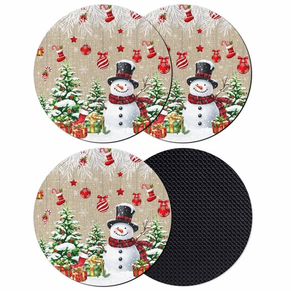 Rustic Christmas Snowman Coasters Set of 4, Absorbent Coasters for Drinks, Xmas Balls Stocking Tree Gifts Coaster for Desk Coffee Table Protection, Home Decor House Warming Gifts 4"