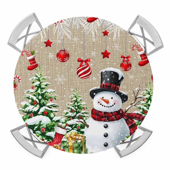 Rustic Christmas Snowman Round Tablecloth for 55-60 Inch Tables,Fitted Table Cover with Elastic Edge,Xmas Balls Stocking Tree Gifts Waterproof Outdoor Table Cloth Protector for Patio Garden Dinner