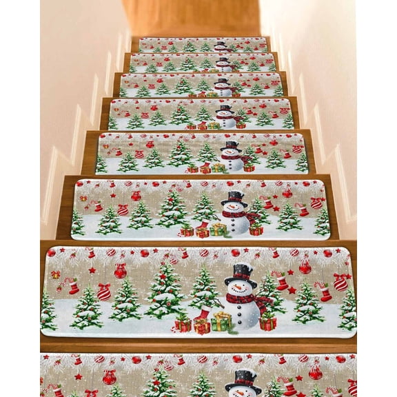 Rustic Christmas Snowman Stair Treads for Wooden Steps Indoor Runner Rug Carpet, Xmas Balls Stocking Tree Gifts 7 Pieces Peel and Stick Staircase Step Treads Covers Washable Throw Door Mats, 30"x8"