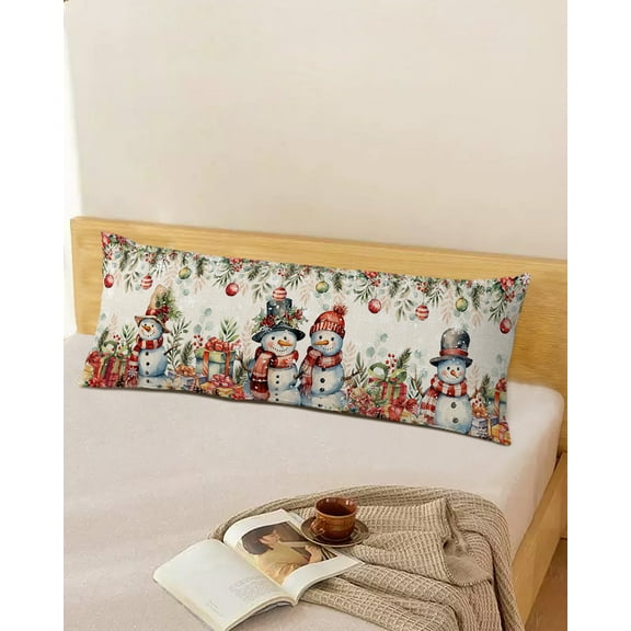 Rustic Christmas Snowman Throw Pillow Cover,Poinsettia Botanical Xmas Balls Rectangle Decorative Pillow Case Protector Soft Cushion Cover Lumbar Pillowcase for Couch Sofa Bedroom Car Decor 20x54 Inch