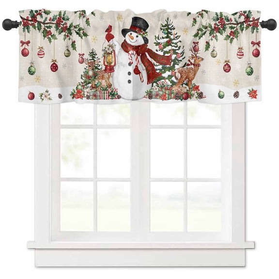 Rustic Christmas Snowman Valances for Windows, Xmas Snowflake Elk Tree Balls Light Filtering Window Treatment Valances, Rod Pocket Small Curtains for Kitchen/Bathroom, 54"x18"