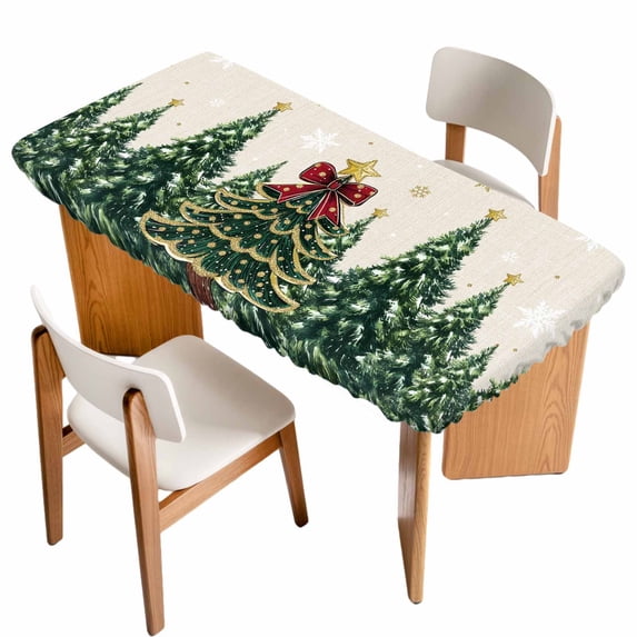 Rustic Christmas Table Cloths for 3 Foot Rectangle Tables, Snowflake Xmas Christmas Tree Patio Waterproof Elastic Fitted Tablecloths, Washable Rectangular Table Cover for Camping
