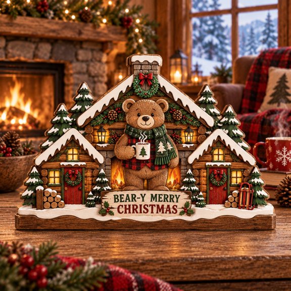Rustic Christmas Tabletop Display Teddy Bear Cabin Scene