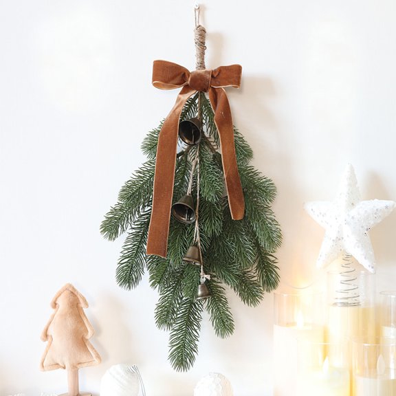Rustic Christmas Teardrop Swag, Artificial Pine Cedar Greenery Wreath with Bell&Velvet Bow, Pinecones Red Berries,Farmhouse Winter Swag Garland for Outdoor Front Door,Indoor Mantle Wall Hanging Decor