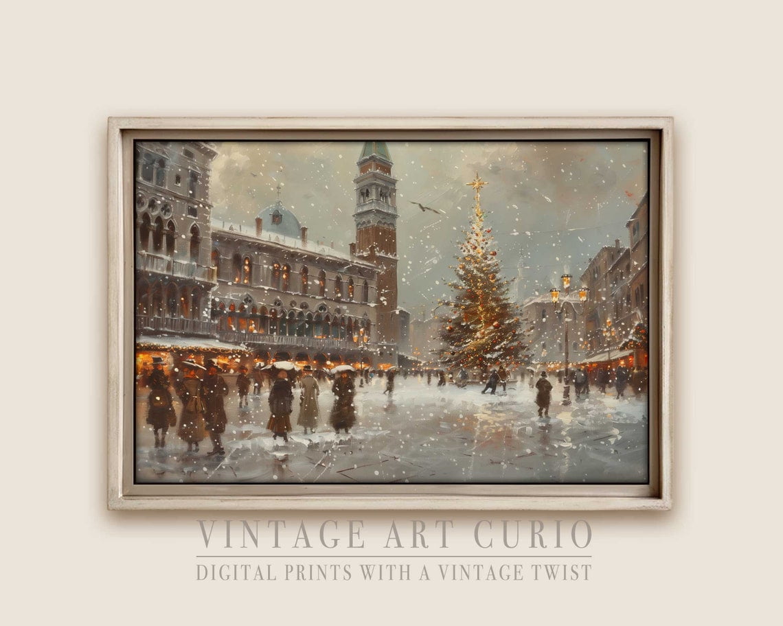 Rustic Christmas Town Square Venice Italy Vintage Farmhouse Poster Wall ...