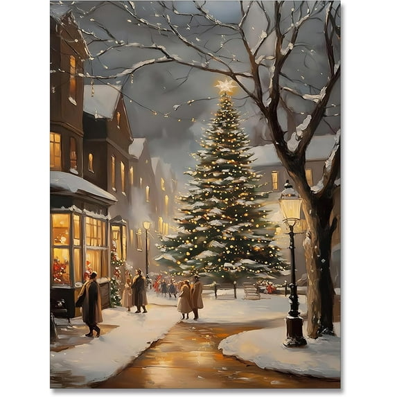 Rustic Christmas Town Wall Art Vintage Scene Country Pictures Farmhouse Decor Winter Posters Xmas Village Canvas Aesthetic Botanical Prints Landscape Painting Home Decor 12x16in Unframed