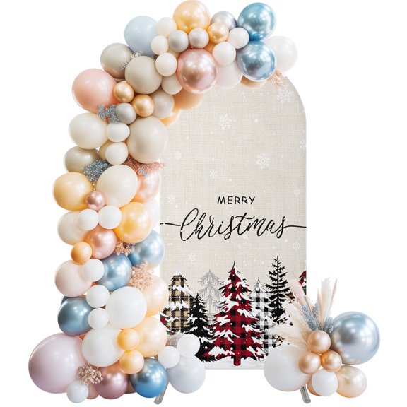 Rustic Christmas Tree Arch Backdrop Cover 4x1.65 Ft, Spandex Wedding Arch Stand Cover, Winter Xmas Tree Snowflake Round Top Stretch Fitted Background Covers for Birthday Ceremony Party Decor