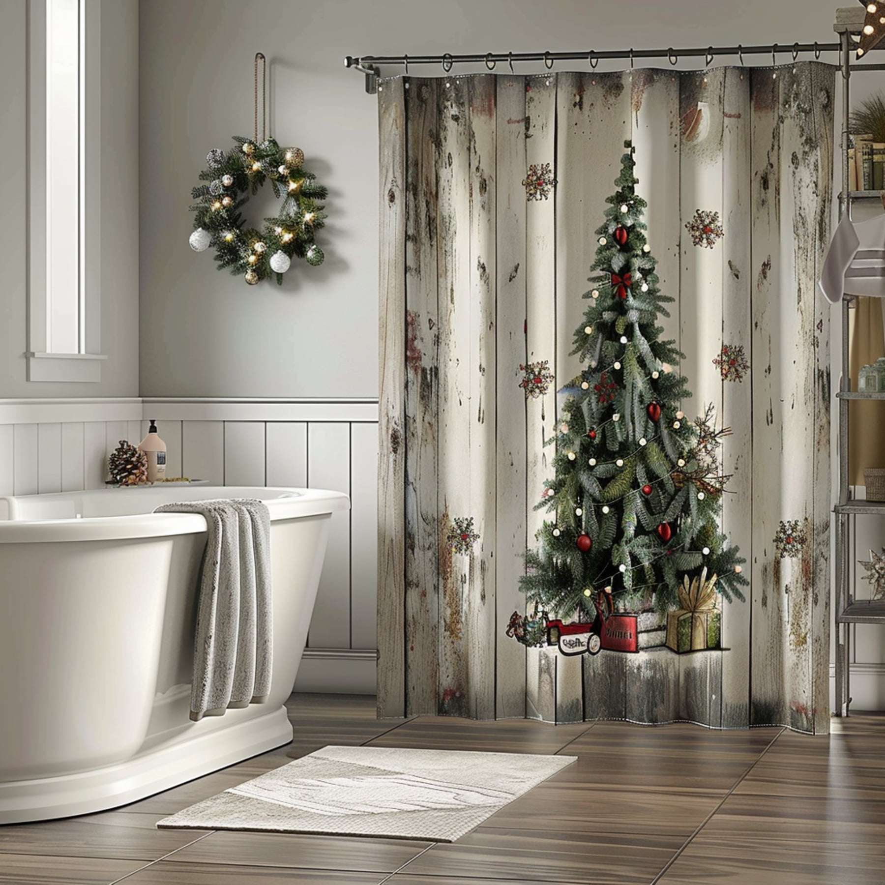 Rustic Christmas Tree Bathroom Decor Set Vintage Style Curtain & for