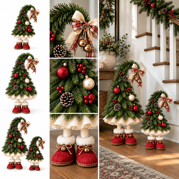 Rustic Christmas Tree Elf Decor, Whimsical Standing Evergreen with Plaid Ribbon, Pinecones, Bells and Red Shoes for Entryway and Fireplace, Small