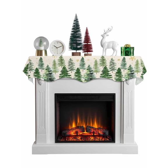 Rustic Christmas Tree Mantel Scarf Fireplace Decorations for Living Room, Winter Watercolor Gold Snowflakes Fireplace Mantel Scarf Cover Runner for Halloween/Thanksgiving/Christmas Decor 70"x17"