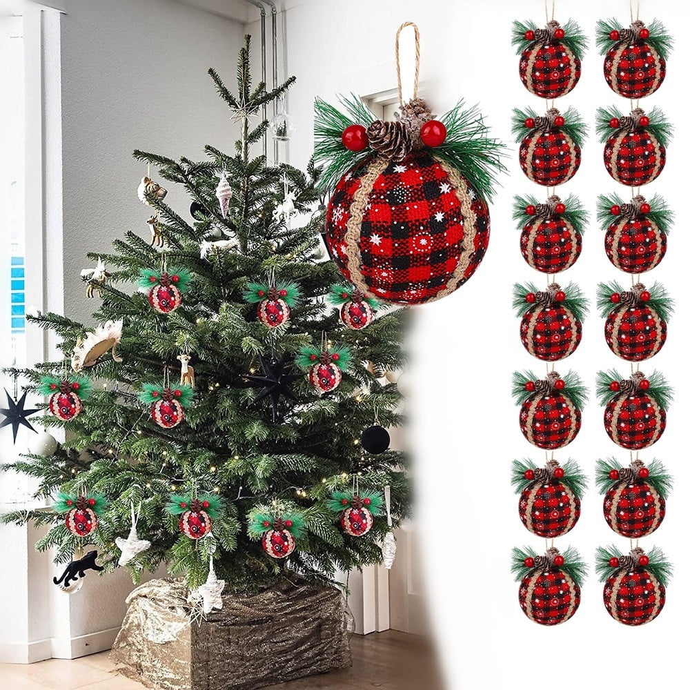 Rustic Christmas Tree Ornaments - 2 inch Black & Red Buffalo Plaid Fabric Ball with Pine Cones & Greenery, Shatterproof Xmas Hanging Decoration for