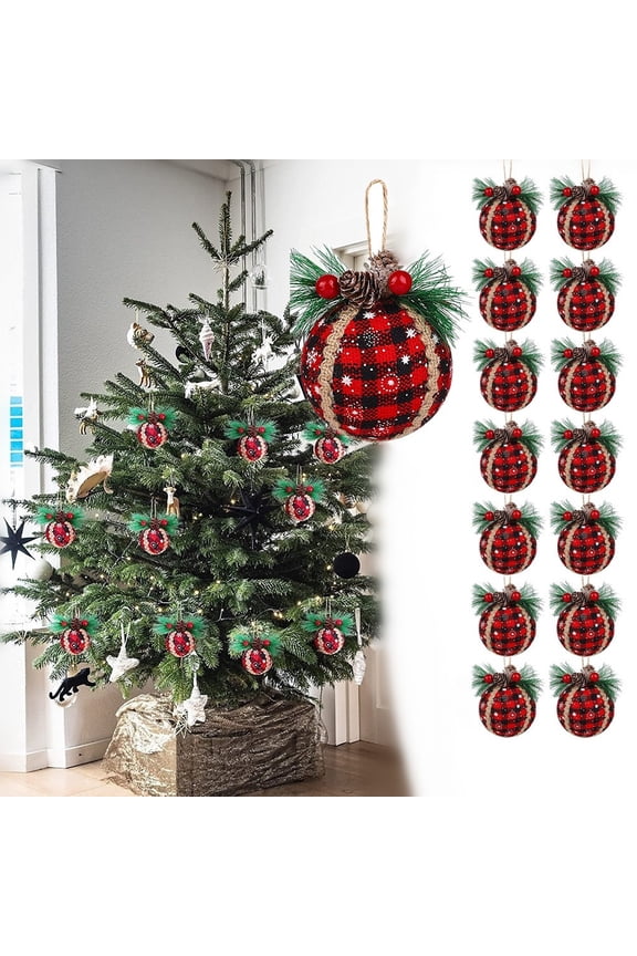 Rustic Christmas Tree Ornaments - 2" Black & Red Buffalo Plaid Fabric Ball with Pine Cones & Greenery, Shatterproof Xmas Hanging Decoration for Farmhouse Family Indoor/Outdoor - MUTOCAR 6/12pcs