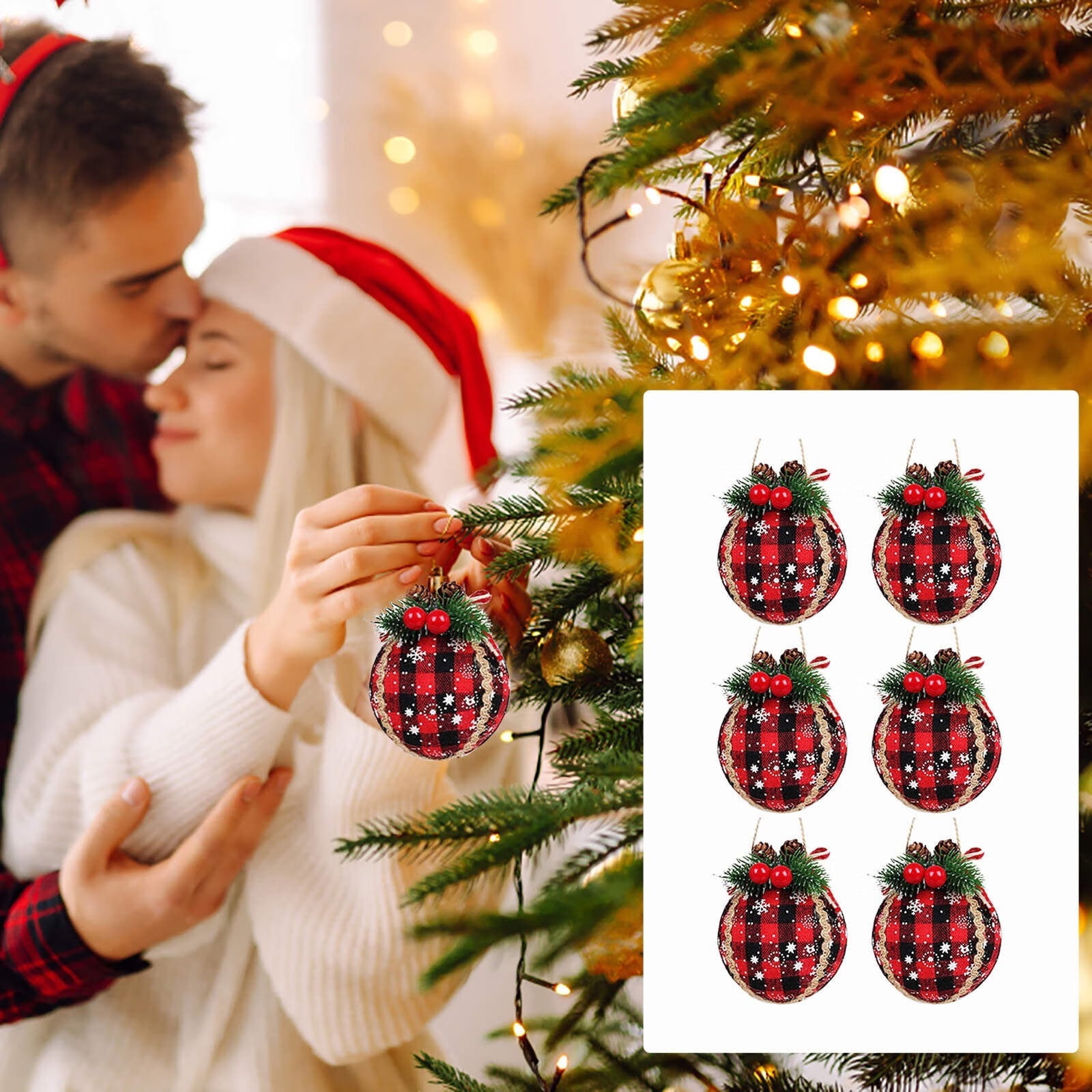 Rustic Christmas Tree Ornaments Black & Red Buffalo Plaid Fabric With