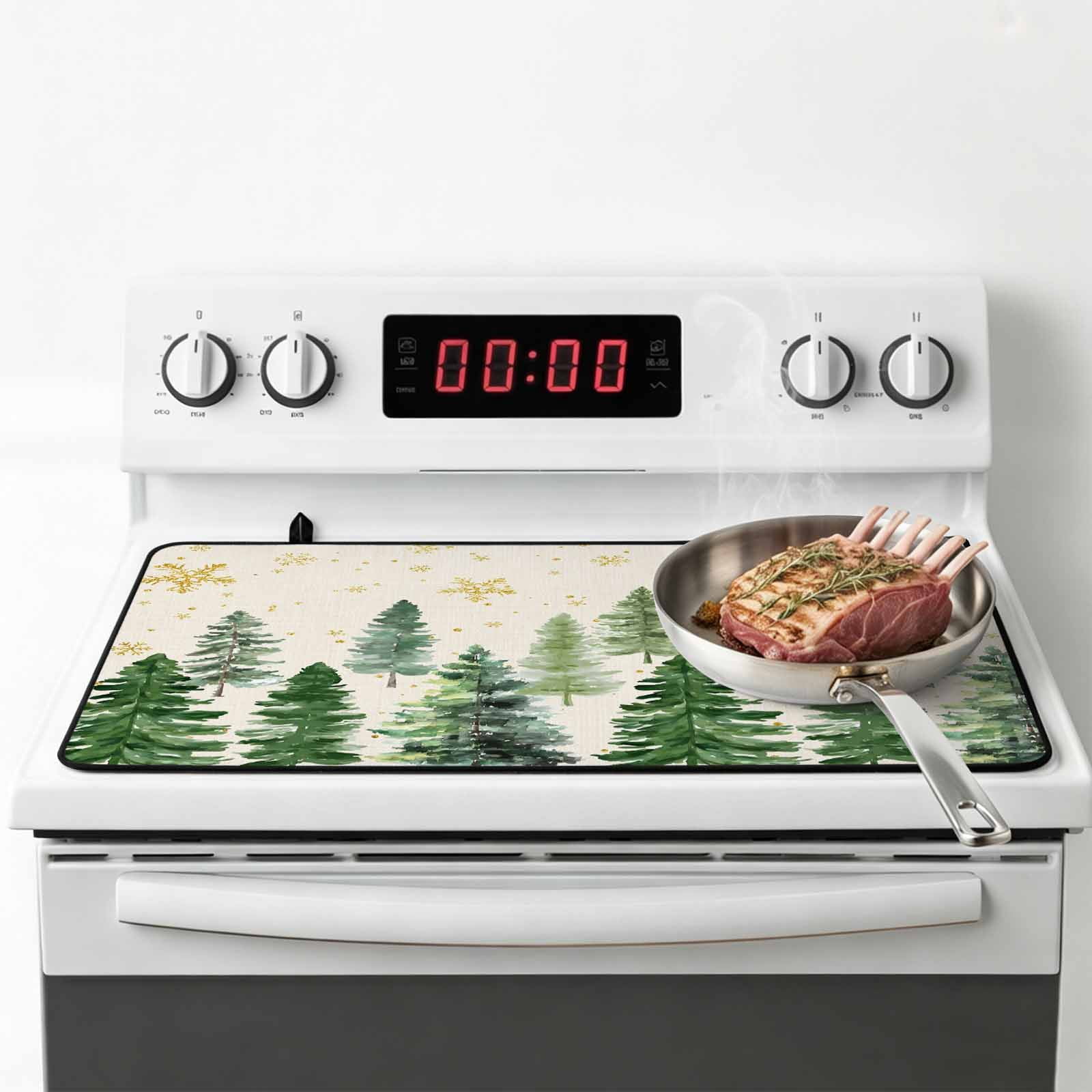 Rustic Christmas Tree Stove Top Cover for Electric Stove, Heat-proof & Non Slip Glass Top Stove Cover Protector, Winter Watercolor Gold Snowflakes Kitchen Flat Cooktop Rubber Mat 24x21 Inches