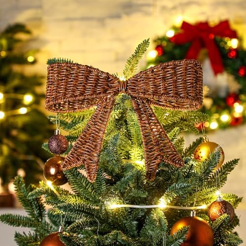 Rustic Christmas Tree Topper 11.4'' Rattan Bow Farmhouse Christmas Decor Retro Natural Xmas Tree Topper Bow for Xmas Winter Holiday Party Decoration Wall Fireplace Indoor Outdoor Ornaments