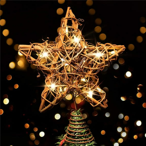 Rustic Christmas Tree Topper Star with 15 LED Lights Vintage Rattan Christmas Toppers for Trees Christmas Star Tree Topper for Christmas Tree Decorations (Warm White Lights)