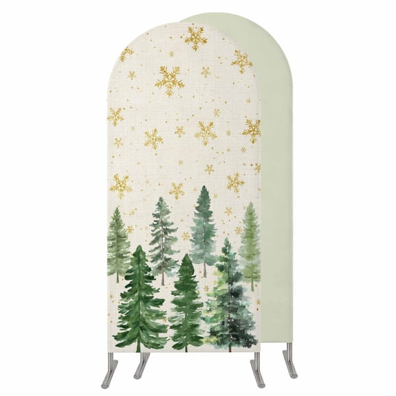 Rustic Christmas Tree Wedding Arch Cover,Stretchy Spandex Arch Backdrop Stand Covers 6 FT,Winter Watercolor Gold Snowflakes Round Top Arched Backdrop Cover for Birthday Party Ceremony Baby Shower