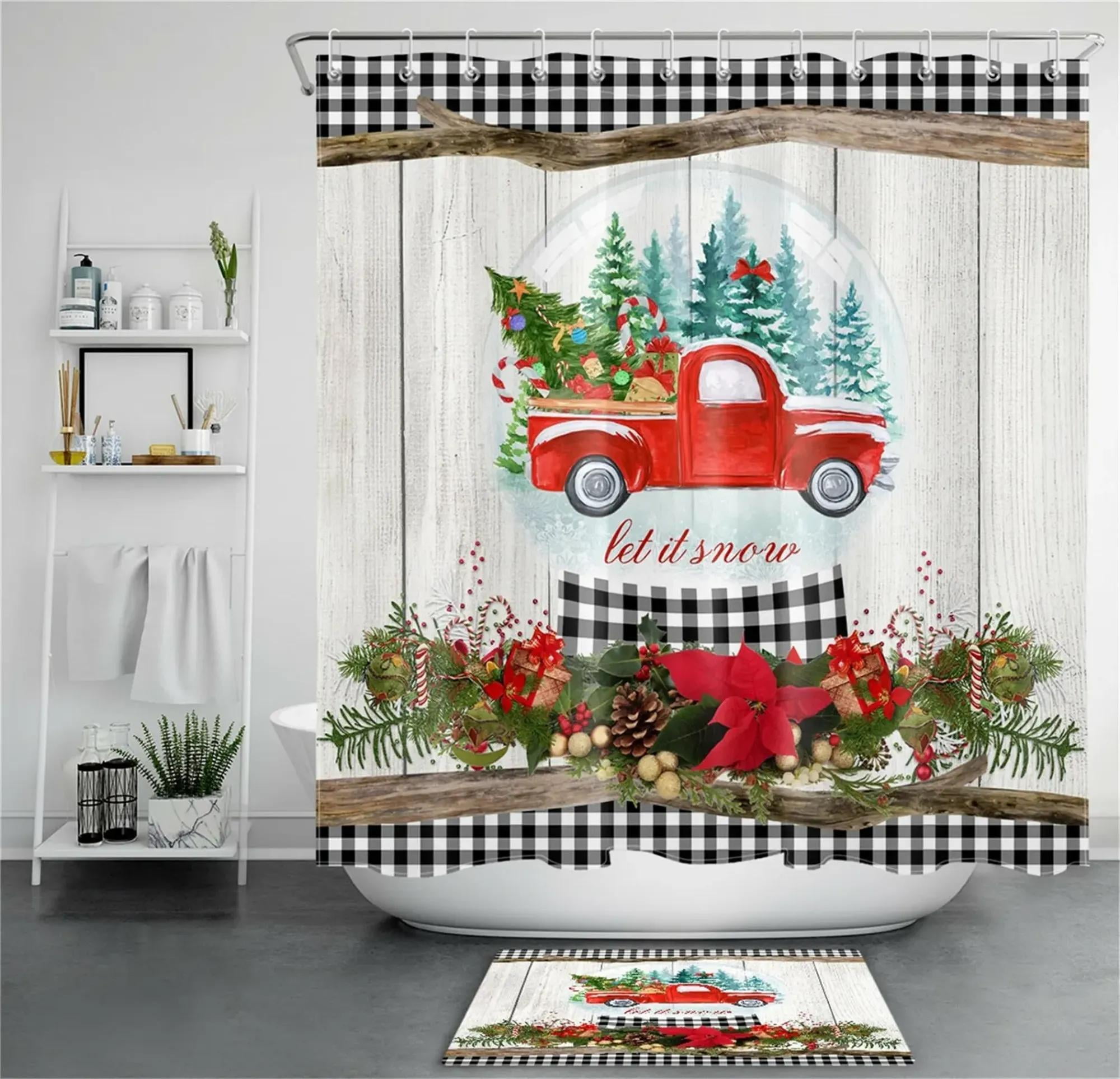 Rustic Christmas Truck Shower Curtain Festive Ball & Wood Board