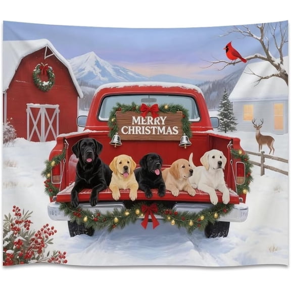 Rustic Christmas Truck With Dog Hanging Tapestry, Farmhouse Winter Holiday Landscape Wall Decor for Bedroom, Living Room, Dorm, 40 x 60 Inch