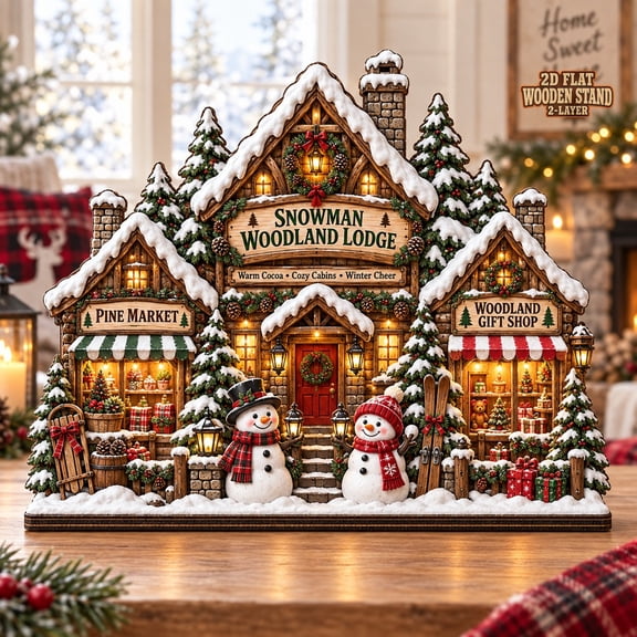 Rustic Christmas Village Wooden Block Snowman Lodge Tabletop Decor