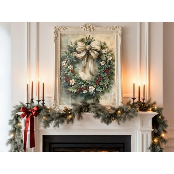 Rustic Christmas Wreath Printable Wall Art, Vintage Seasonal Home Décor, Festive Winter Print for Living Room or Entryway, 8x12 UNFRAMED