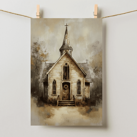 Rustic Church Painting Vintage Chapel Farmhouse Art Unframed Paper Poster 24x36in